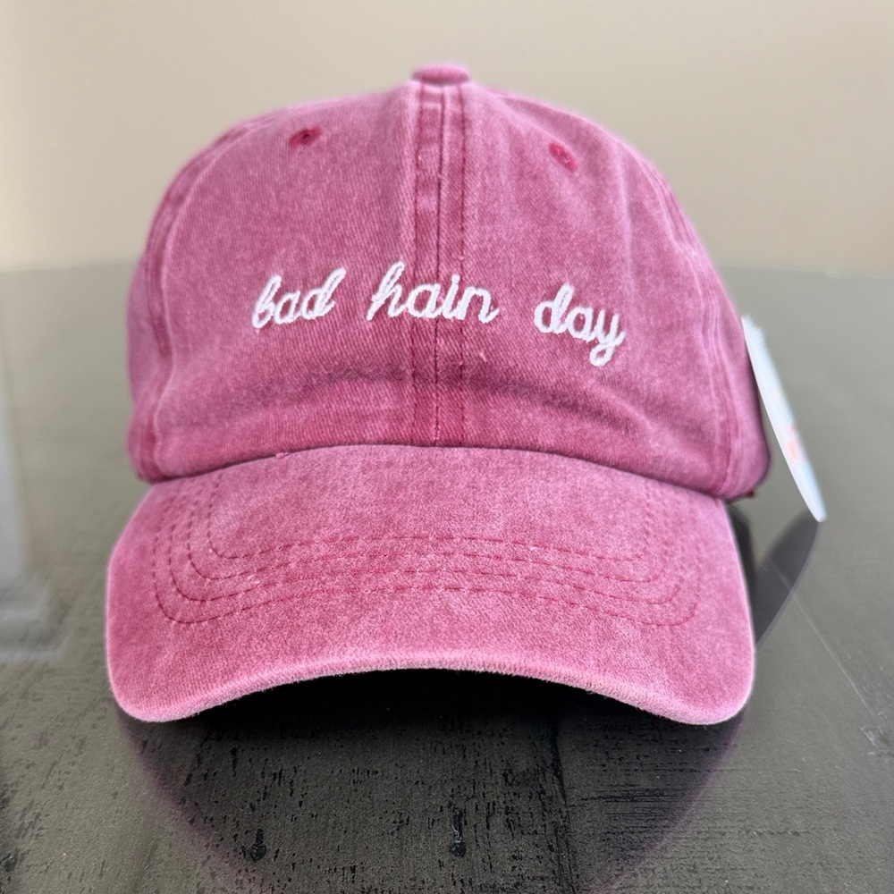 'bad‎ hair day' Embroidered Washed Mauve Baseball Cap. Adjustable Back. Cotton